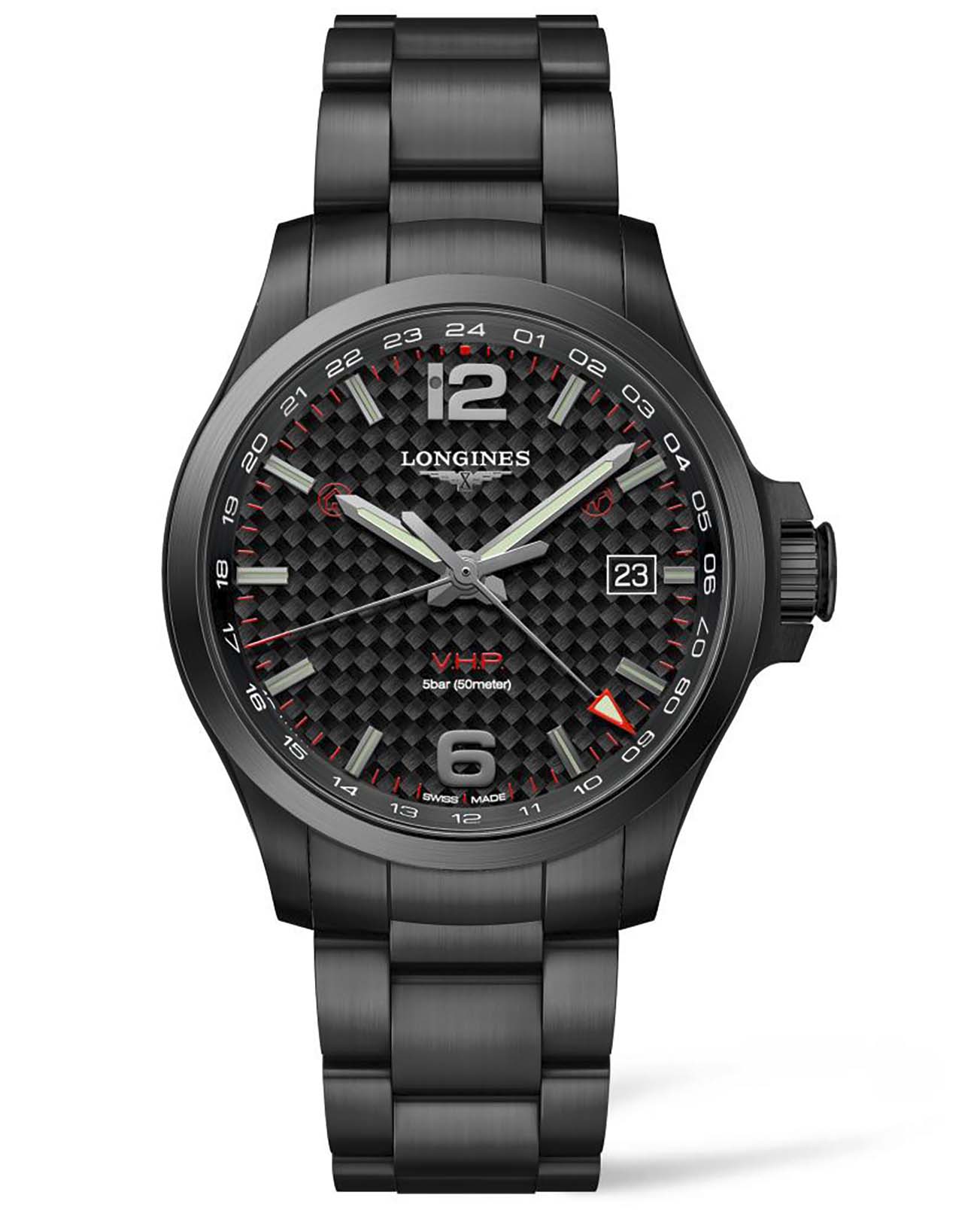 Longines Longines Conquest V.H.P. L3.728.2.66.6  L37282666 кварцевые мужские часы черный циферблат, браслет сталь c pvd покрытием — вид спереди